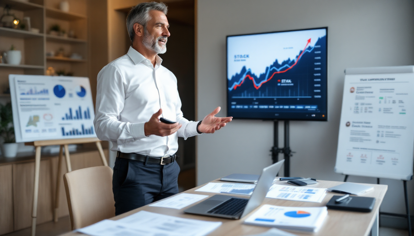 Motivatiestrategieën voor werknemers in Nederland: een professional in een moderne kantooromgeving die Stock Appreciation Rights (SAR), STAK-structuren en direct aandelenbezit bespreekt, met financiële grafieken en bedrijfsstrategiegrafieken op een tafel. De afbeelding bevat symbolen van de groei van de aandelenmarkt, aandelen en een laptop, wat de belasting- en planningsoverwegingen voor 2025 onderstreept.