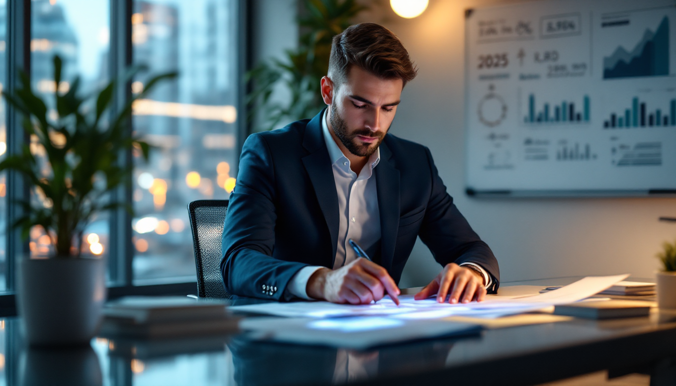 Een dynamisch beeld van een professionele accountant in een licht, modern kantoor in Nederland, die gedetailleerde financiële rapporten en digitale tools over belastingvoordelen bekijkt. De setting bevat subtiele elementen zoals een plant die groei symboliseert, documenten die financiële strategieën laten zien en blauwgroene accenten in het kantoordecor om innovatie te weerspiegelen. Benadruk de focus van het individu op het afstemmen van R&D-projecten op belastingvoordelen, ter illustratie van strategische planning voor 2025.